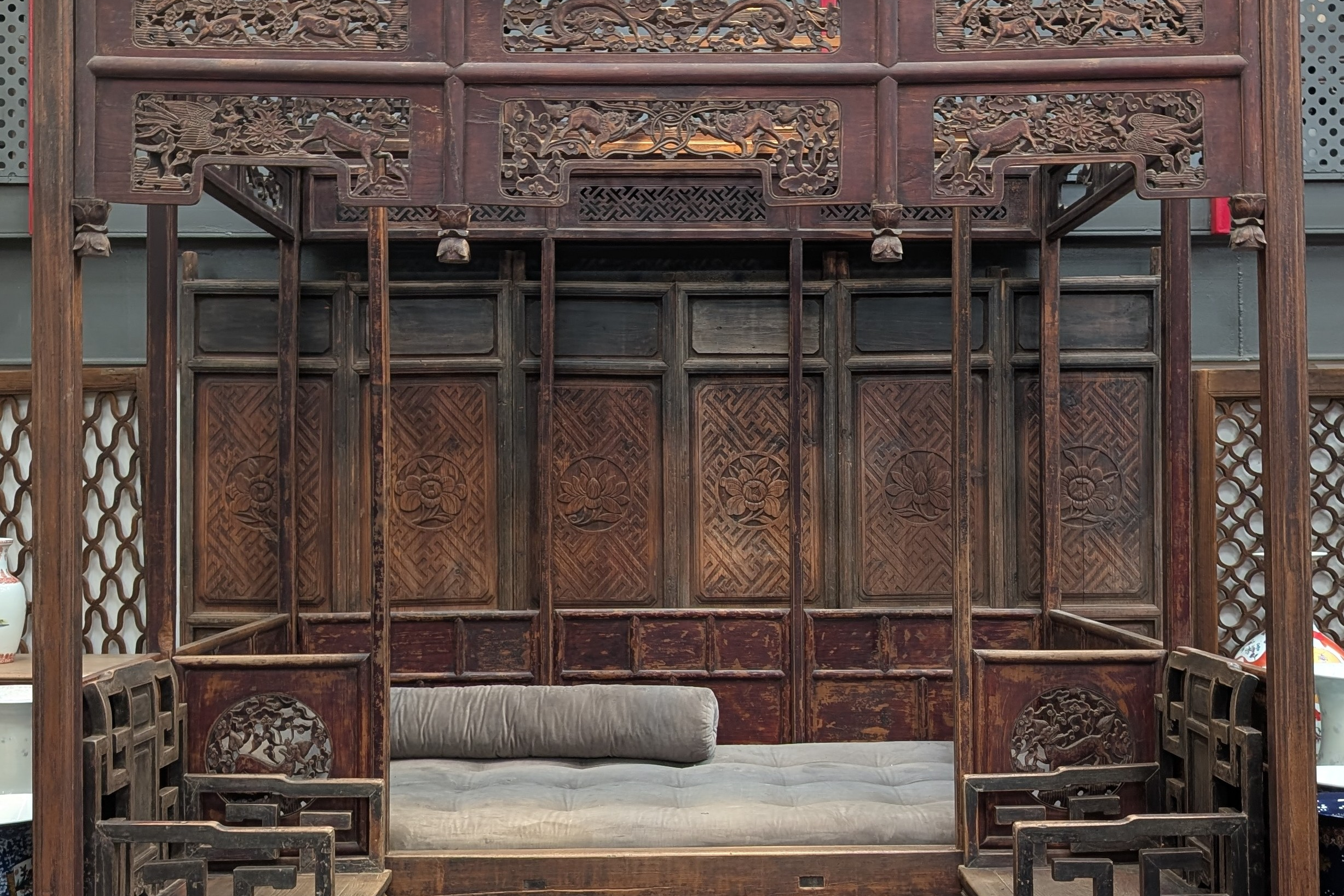 Carved Wooden Bed Set with Side Seating