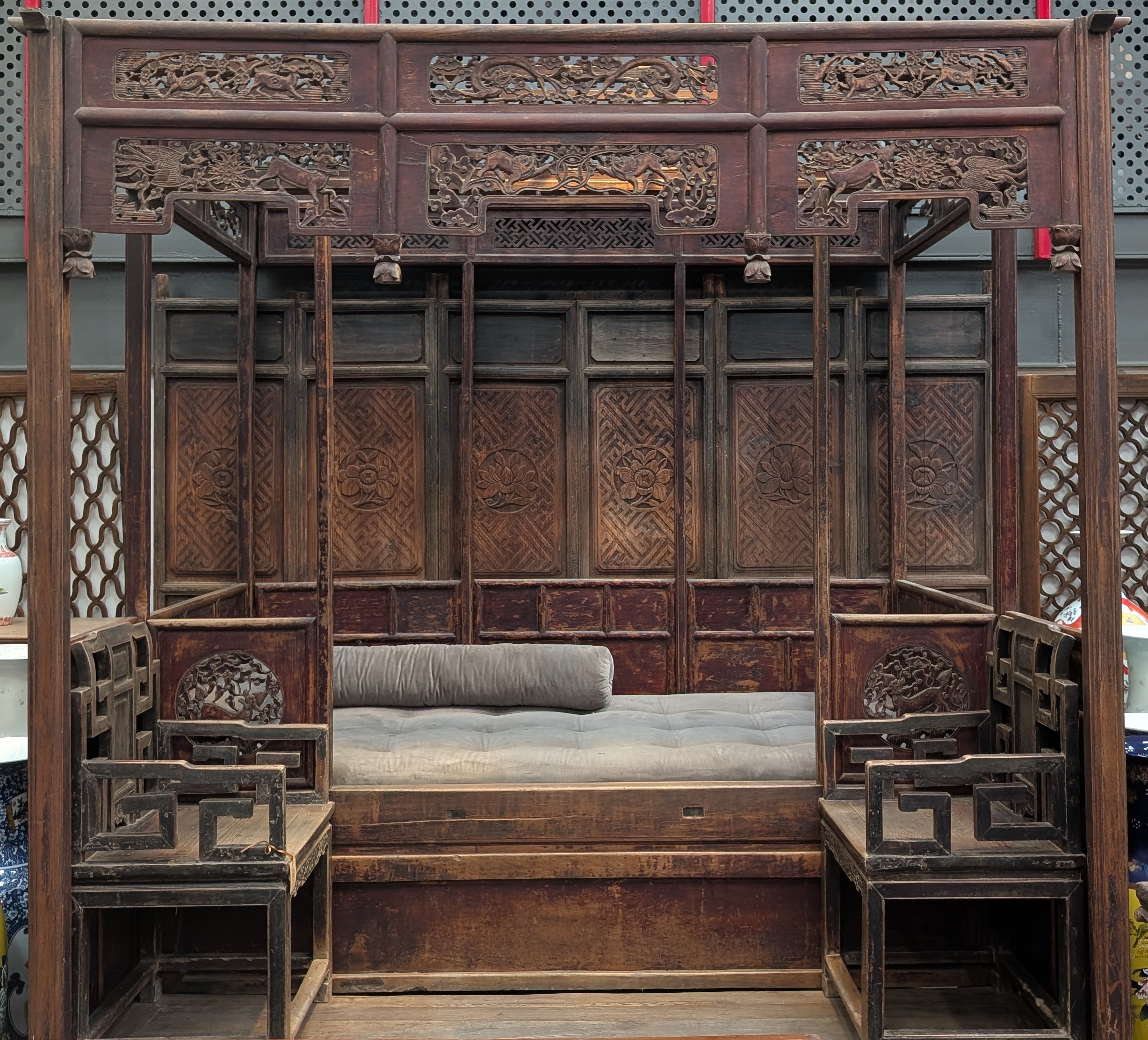 Carved Wooden Bed Set with Side Seating - Image 2